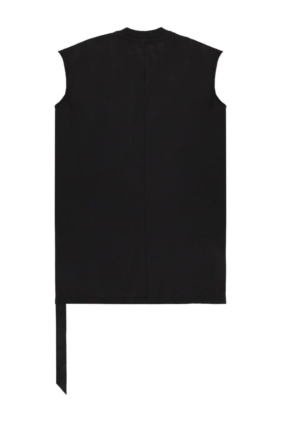 Black sleeveless tarp shirt by drkshdw with straight back and long tapered tie at the bottom for men