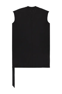 Black sleeveless tarp shirt by drkshdw with straight back and long tapered tie at the bottom for men