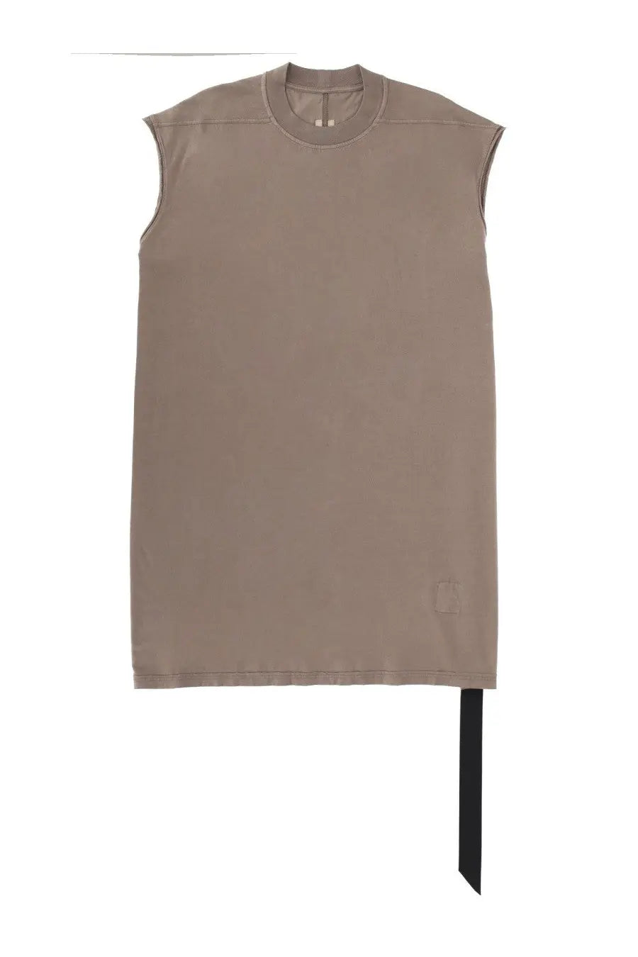 Drkshdw men’s tarp shirt brown featuring a minimalist beige sleeveless dress with round neckline and black tie hem