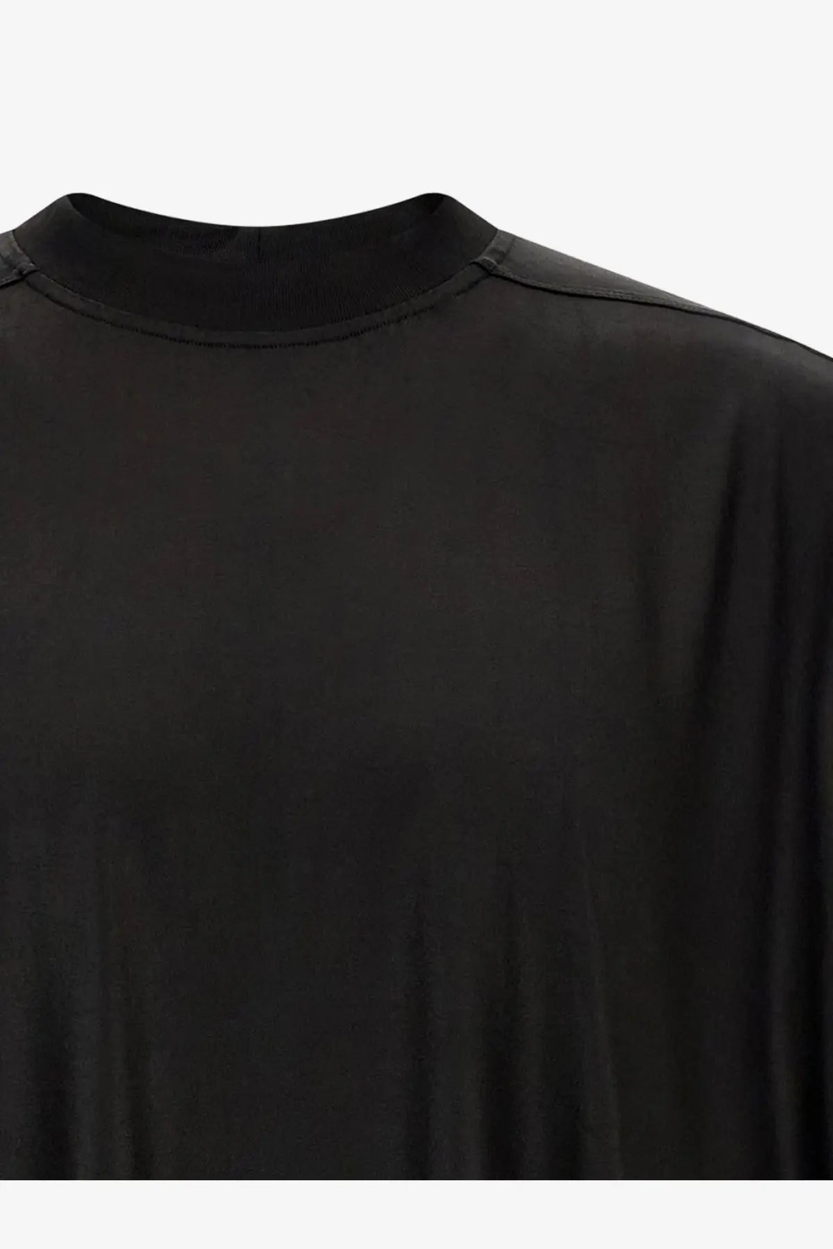 Drkshdw men’s technical fabric black t-shirt with smooth glossy fabric and clean stitching at the neckline