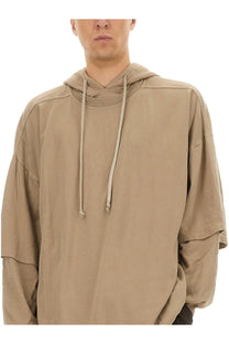 Beige DRKSHDW men’s Tommy Hustler oversized hoodie with matching drawstrings and layered long sleeves