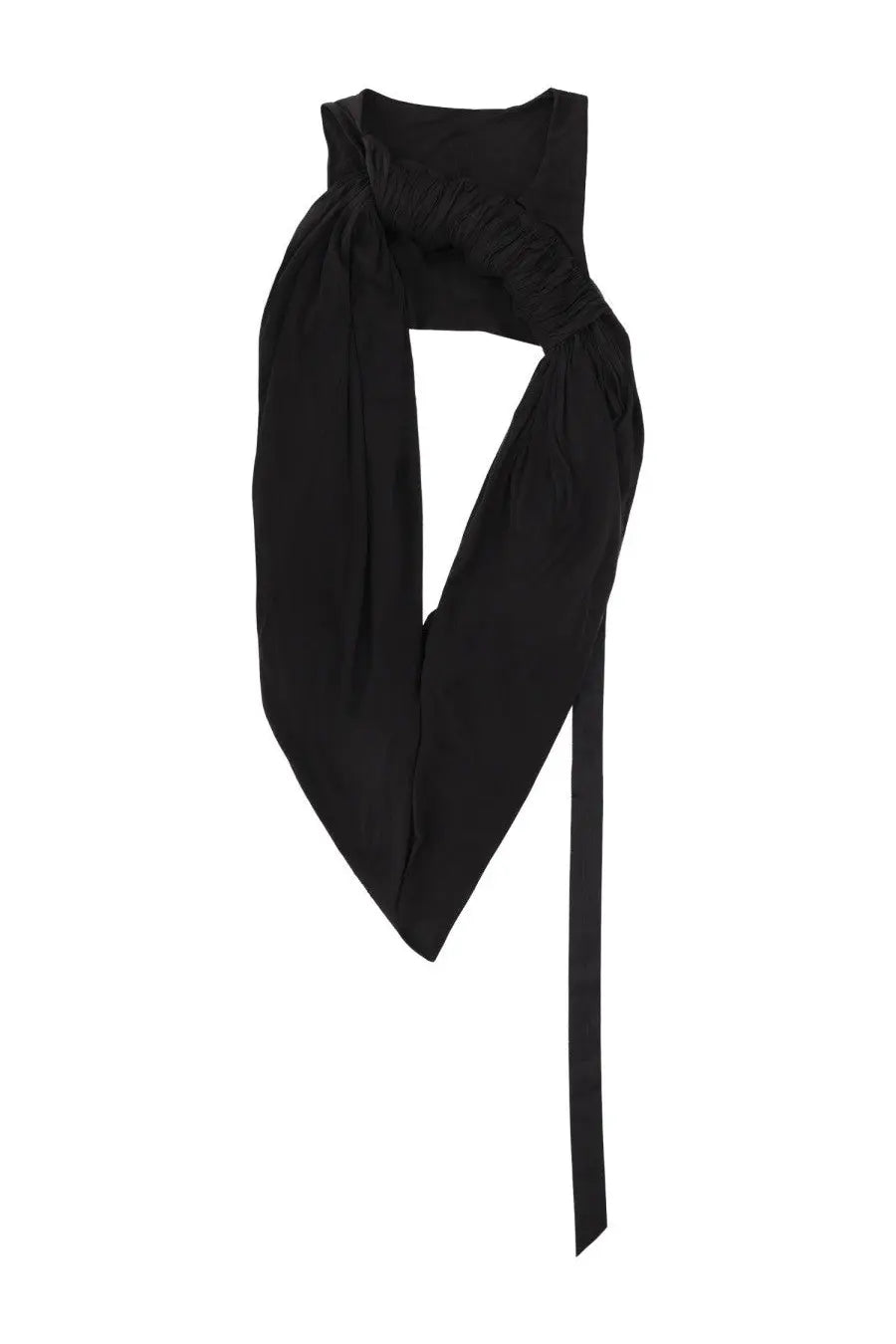 Drkshdw men’s black sleeveless top harness with draped ruched neckline and long trailing side panel