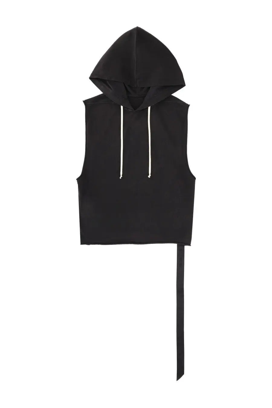 Drkshdw men’s black sleeveless hoodie with white drawstrings and long fabric tie from bottom hem front view
