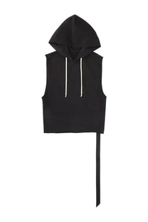 Drkshdw men’s black sleeveless hoodie with white drawstrings and long fabric tie from bottom hem front view