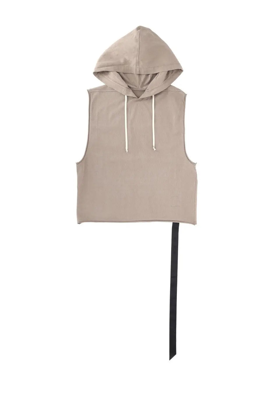 Beige sleeveless hoodie with drawstring hood and black ribbon hem from DRKSHDW men’s top hooded tunic brown collection