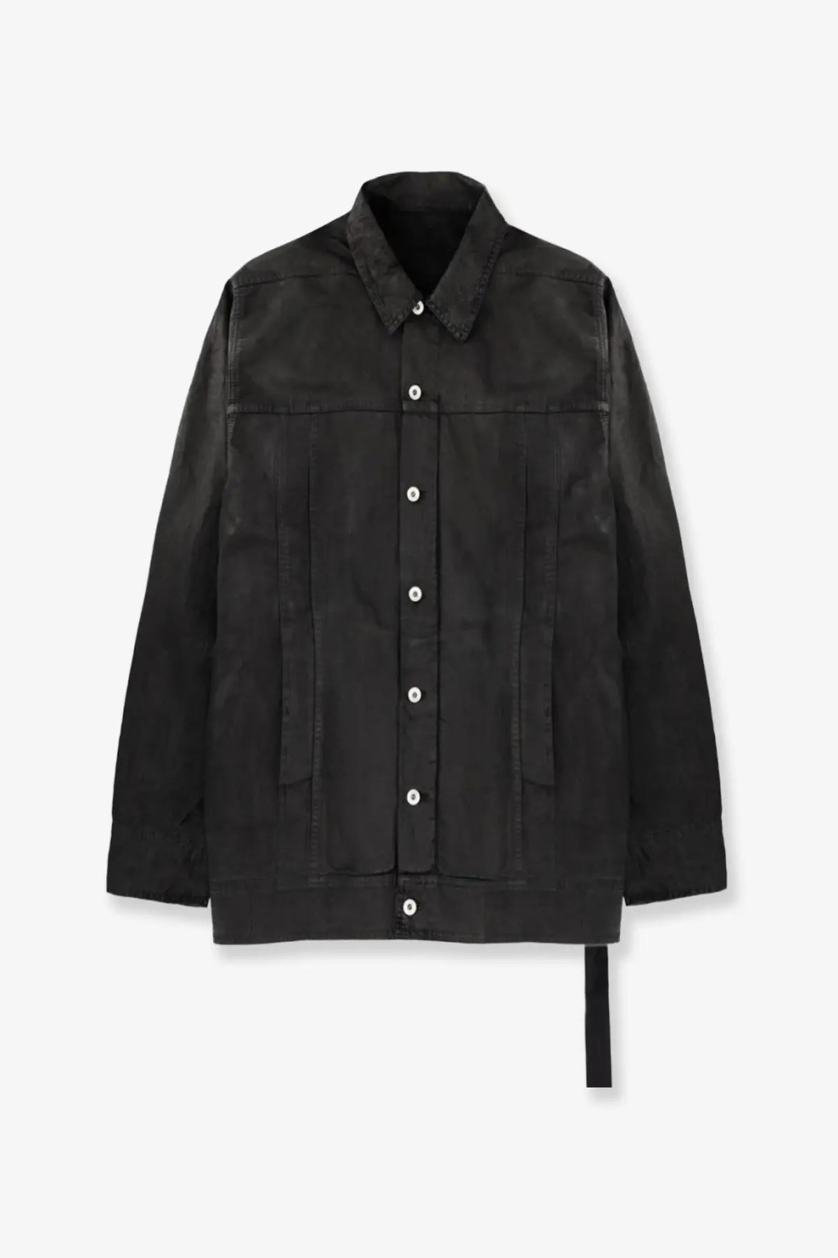 Drkshdw men’s waxed black denim jacket with classic collar button closure and subtle stitching details