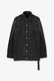 Drkshdw men’s waxed black denim jacket with classic collar button-front closure and subtle stitching details
