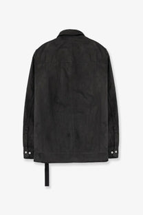 Black DRKSHDW men’s waxed denim jacket with subtle textured fabric and white button accents on the cuffs