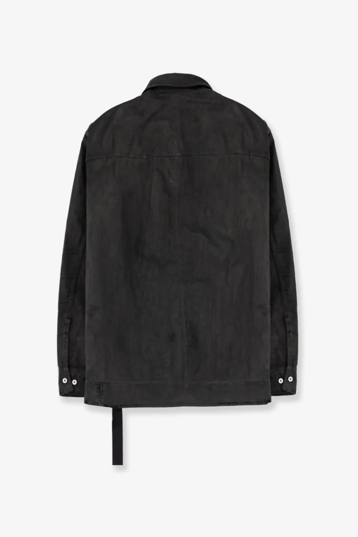Drkshdw men’s waxed black denim utility jacket with subtle textured fabric and white button accents on cuffs
