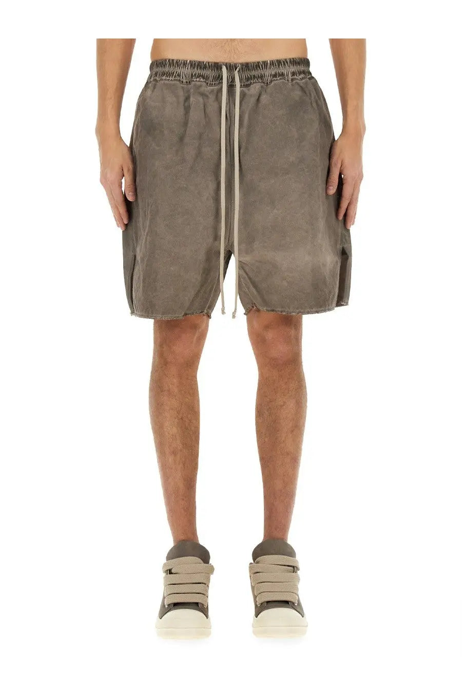 Gray distressed cotton shorts with drawstring waist and frayed hem in drkshdw men’s zippered boxer shorts beige product image
