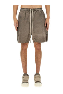Gray distressed cotton shorts with drawstring waist and frayed hem in drkshdw men’s zippered boxer shorts beige product image