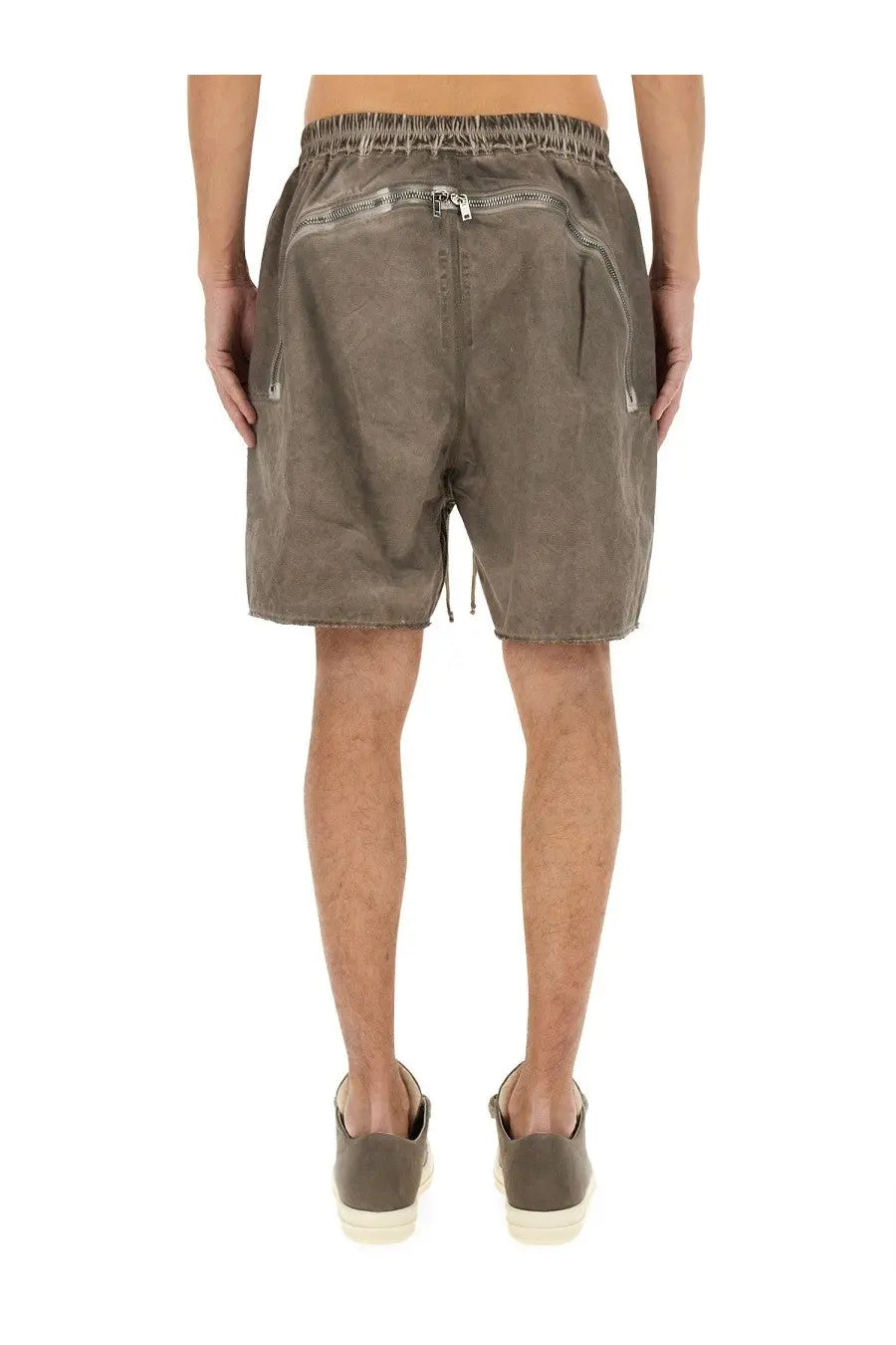 Olive green drkshdw men’s zippered boxer shorts in suede with drawstring waist and zipper pockets