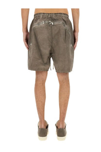 Olive green drkshdw men’s zippered boxer shorts in suede with drawstring waist and zipper pockets