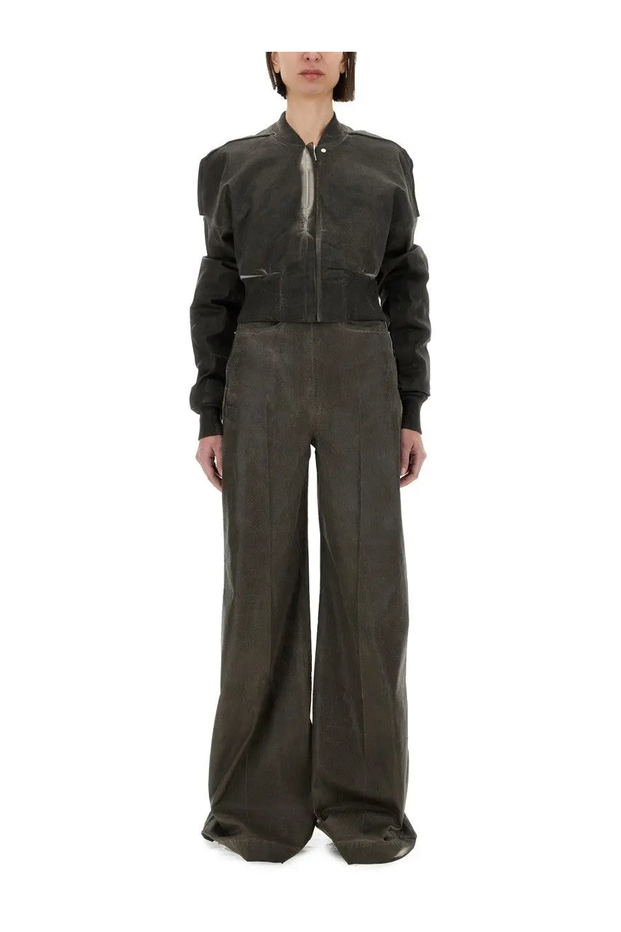 Dark olive green matte finished drkshdw women’s cropped bomber jacket with asymmetrical patchwork and central zipper