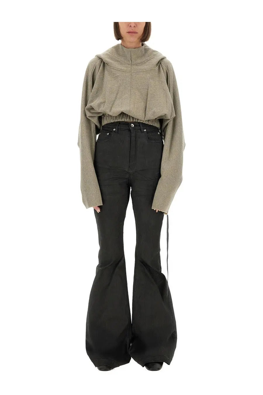 Drkshdw women’s olive green cropped hoodie with long sleeves and high collar paired with black flared pants