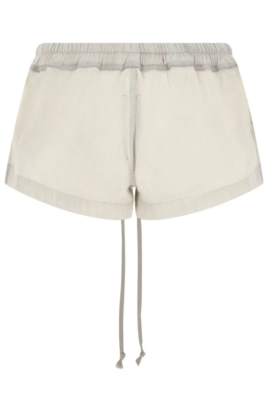 Cream-colored denim shorts for women by drkshdw with light gray elastic waistband and matching drawstrings