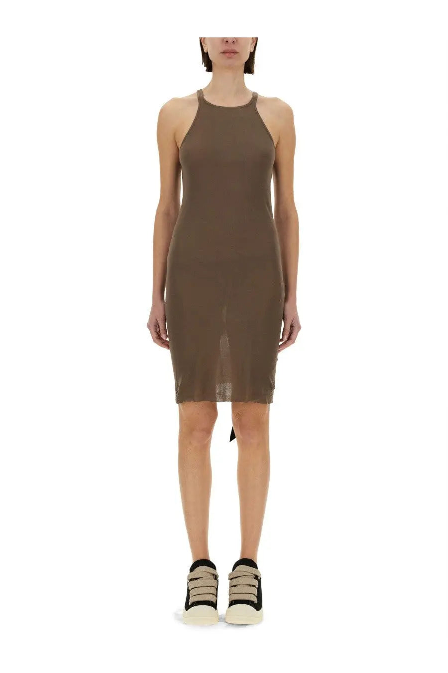 Drkshdw women’s sleeveless olive-green knit dress with high neckline and sheer panel at hem in beige tone