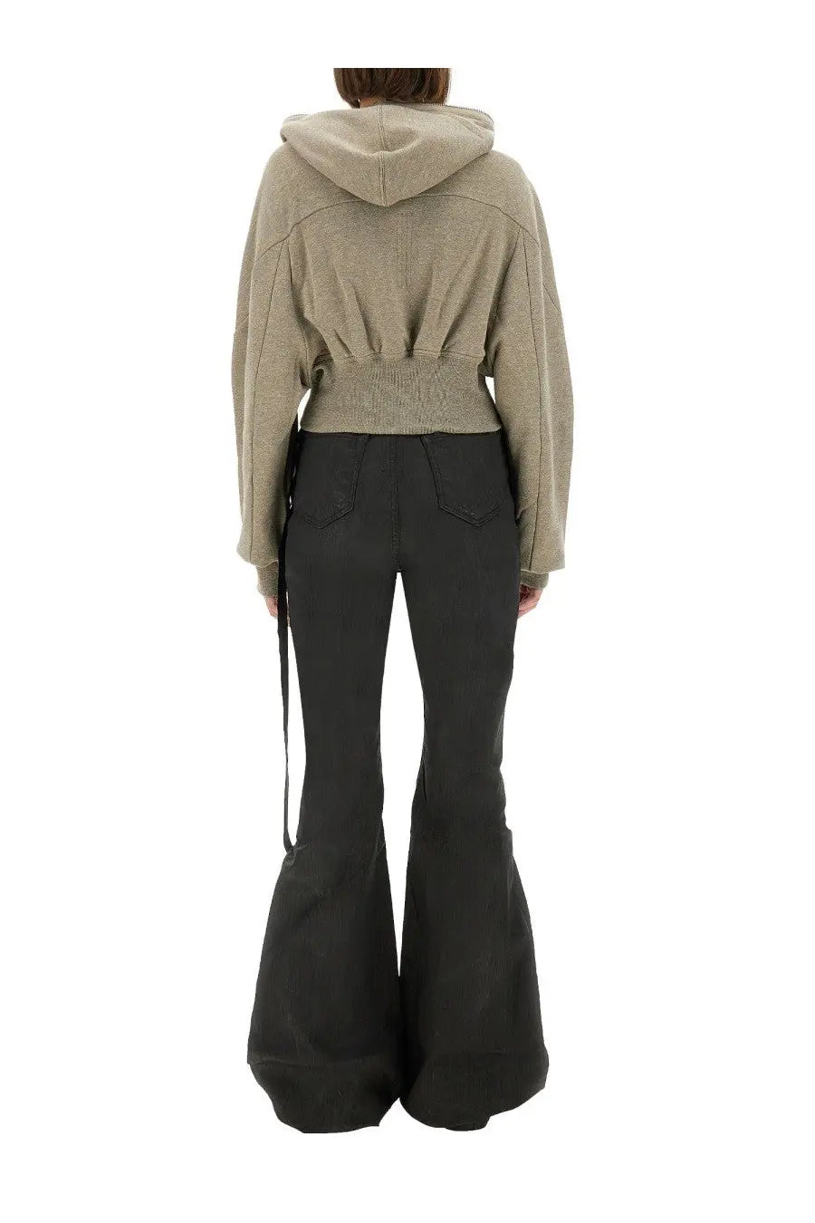 Beige cropped hoodie with ribbed waistband and subtle textured fabric featured in DRKSHDW women’s gimp collage sweatshirt grey