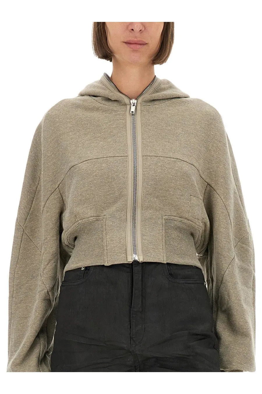 Drkshdw women’s cropped olive green hooded sweatshirt with front zipper and two patch pockets
