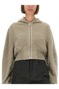 Drkshdw women’s cropped olive green hooded sweatshirt with front zipper and two patch pockets
