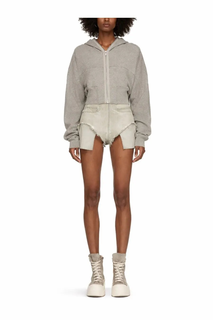 Drkshdw women’s gimp collage sweatshirt grey cropped hoodie with front zipper and side pockets paired with distressed shorts