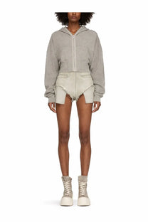 Drkshdw women’s gimp collage sweatshirt grey cropped hoodie with front zipper and side pockets paired with distressed shorts