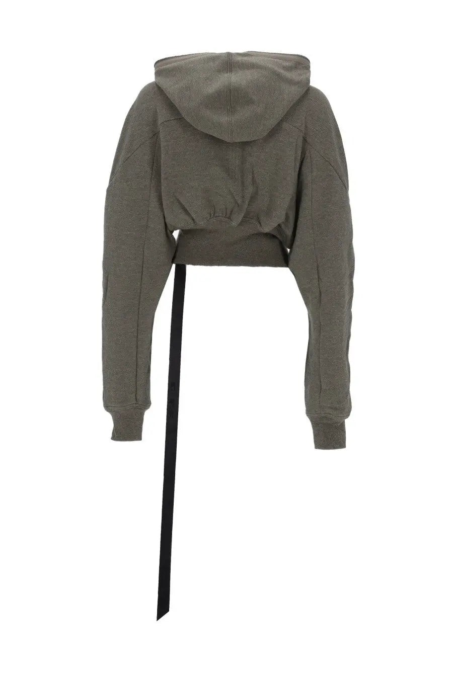 Olive green cropped hoodie with black belt-like strap hanging from the back from drkshdw women’s gimp collage sweatshirt grey