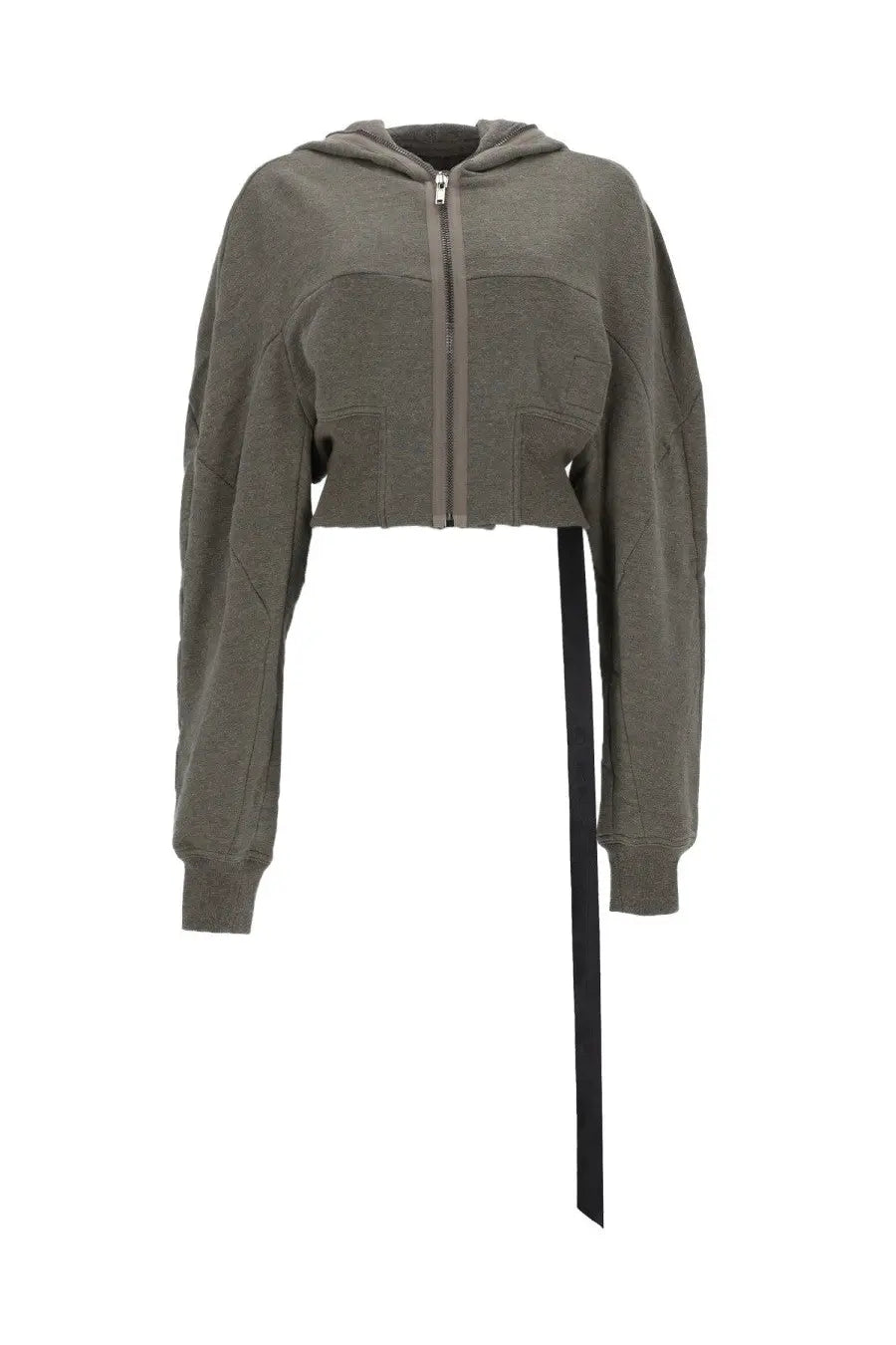 Drkshdw women’s gimp collage sweatshirt grey olive green cropped hoodie with front zipper hood and long black strap