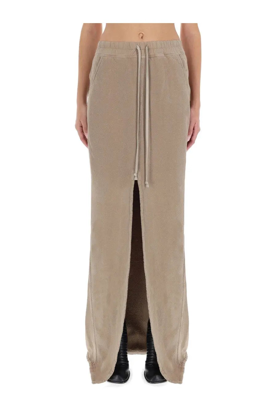 Beige velvet-like long pants with front slit and drawstring waistband from drkshdw women’s long phileg pillar skirt white collection