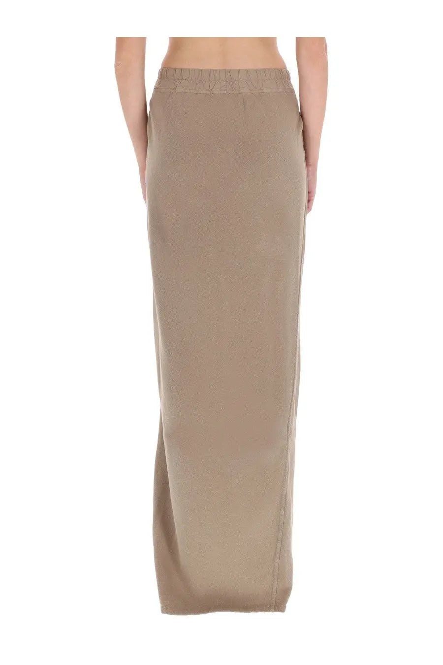 Drkshdw women’s long phileg pillar skirt in tan satin with elastic waistband and sleek maxi design