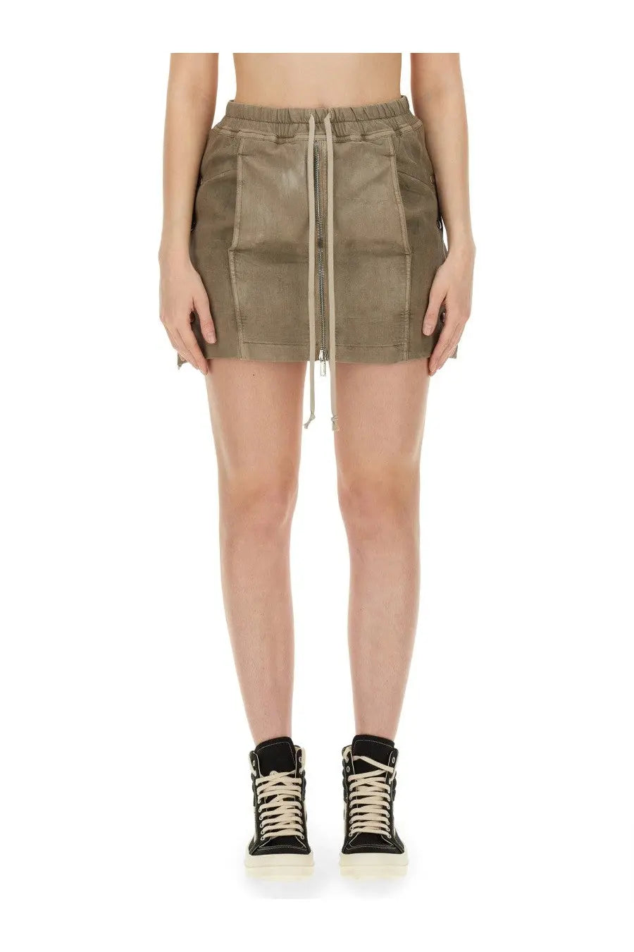 Olive green faux leather mini skirt with drawstring waist and front zipper detail from drkshdw womens mini lido skirt blue