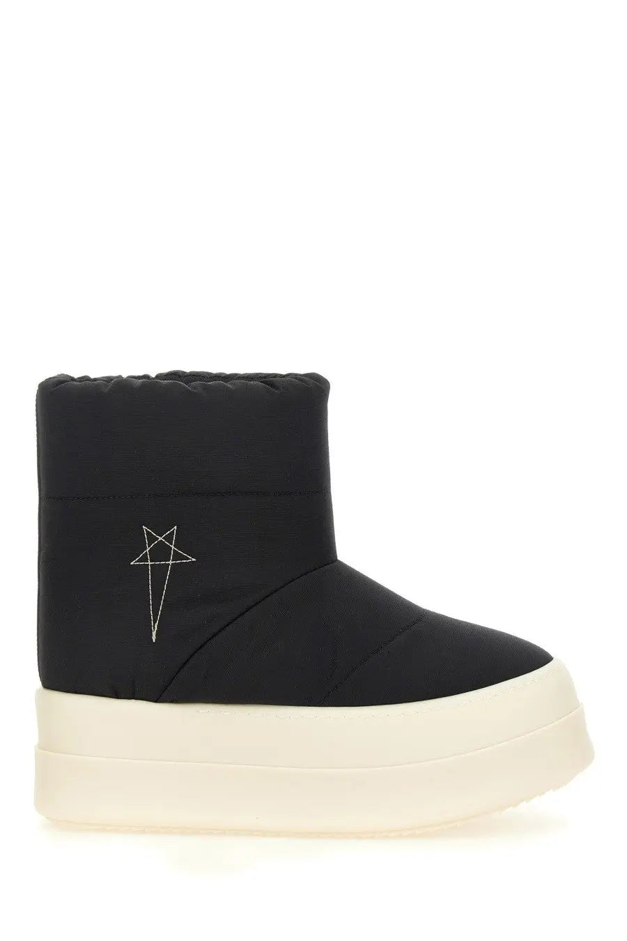 Drkshdw women’s padded black quilted platform boot with white embroidered star logo on the side