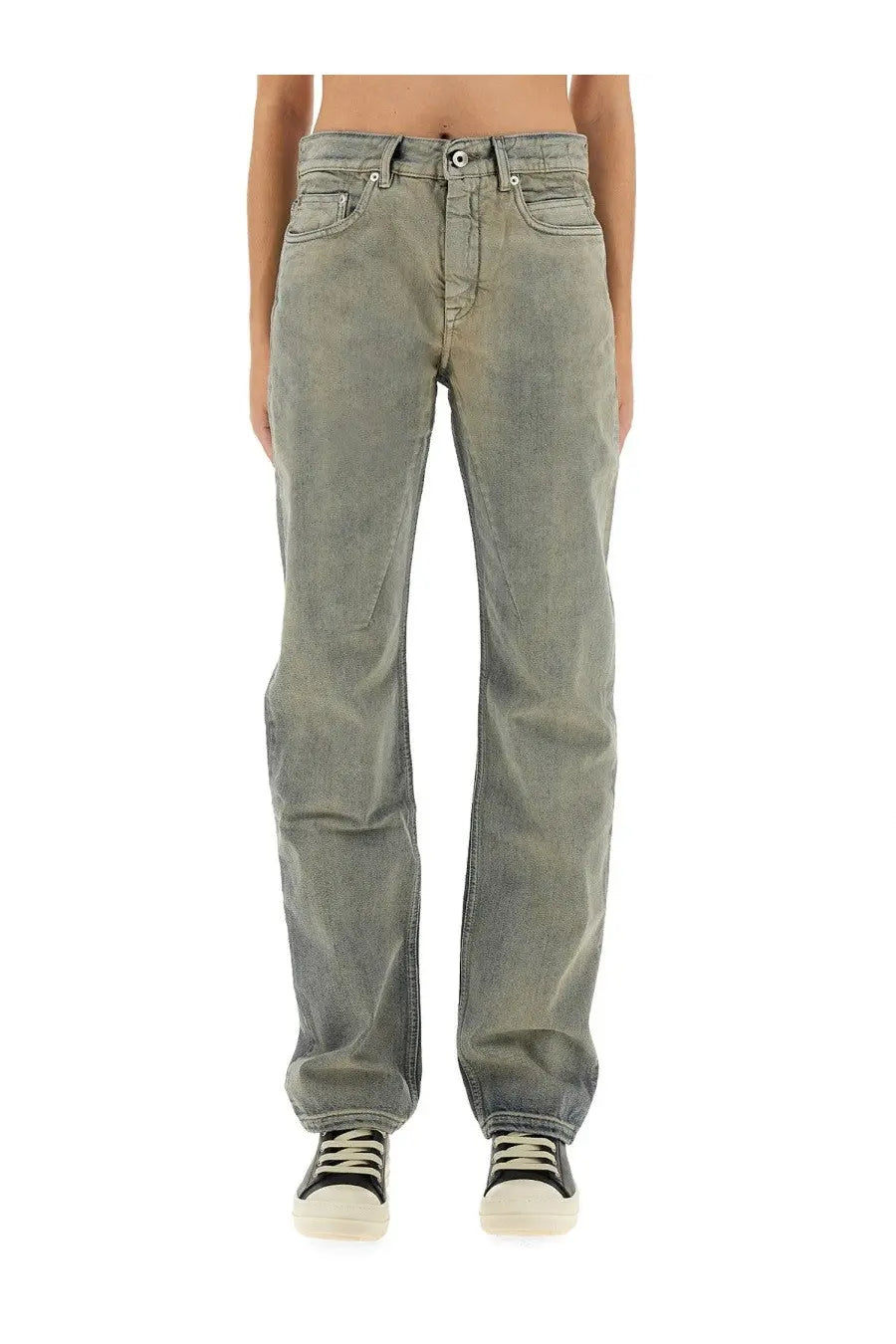 Drkshdw women’s pants concordians fog cut grey light gray straight-leg denim jeans with faded wash and five-pocket design
