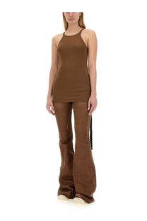 Brown leather flared pants with side slit paired with drkshdw women’s racer back shirt in brown