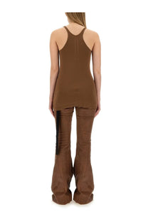 Drkshdw women’s racer back shirt brown ribbed knit tank top with central seam and matching brown flared pants with black stripe