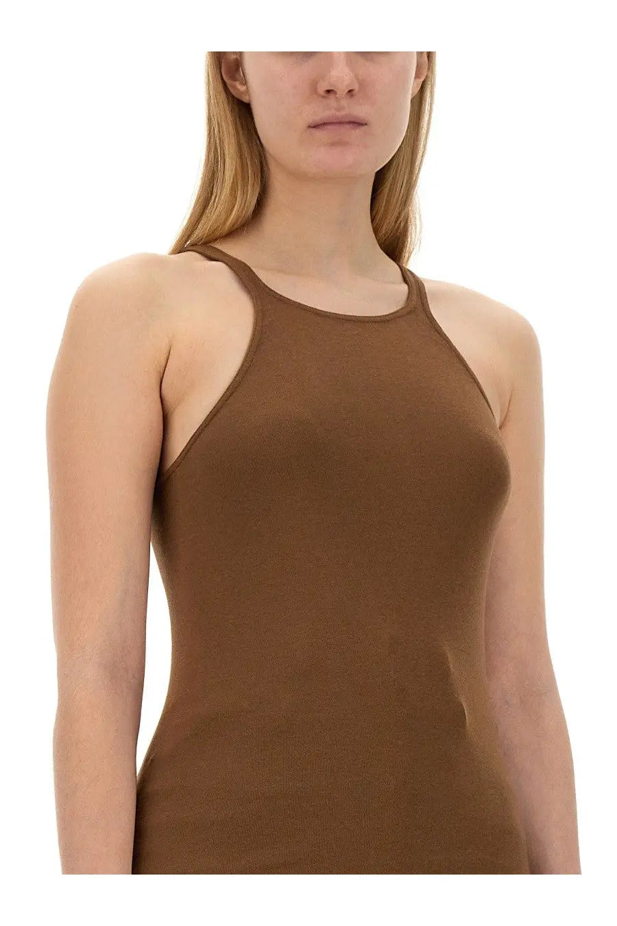 Drkshdw women’s racer back brown halter neck top with thin straps and smooth stretchy fabric shown from back