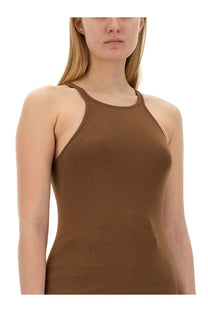 Drkshdw women’s racer back brown halter neck top with thin straps and smooth stretchy fabric shown from back
