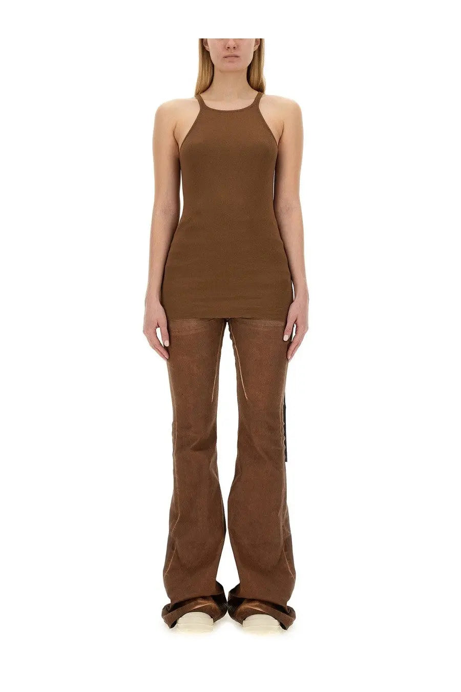Drkshdw women’s racer back shirt brown sleek minimalist halter neck top smooth stretchy fabric fitted silhouette