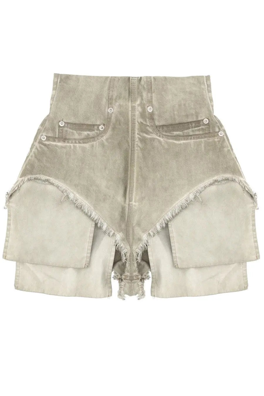 Drkshdw women’s dirt beige high waisted layered shorts in faded gray denim with frayed edges and buttoned front pockets