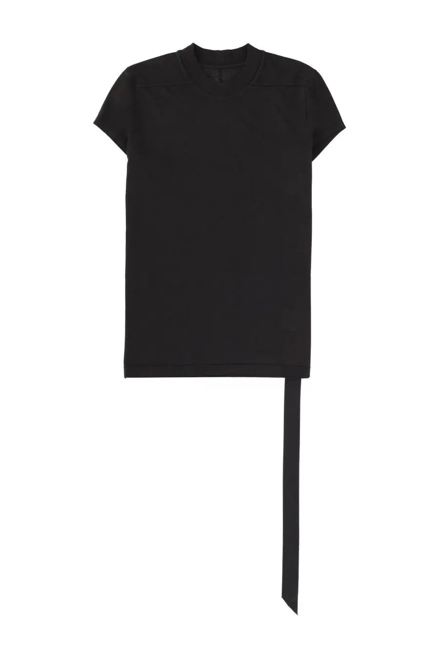 Drkshdw women’s small black short-sleeved t-shirt with asymmetrical hem and long narrow fabric strip
