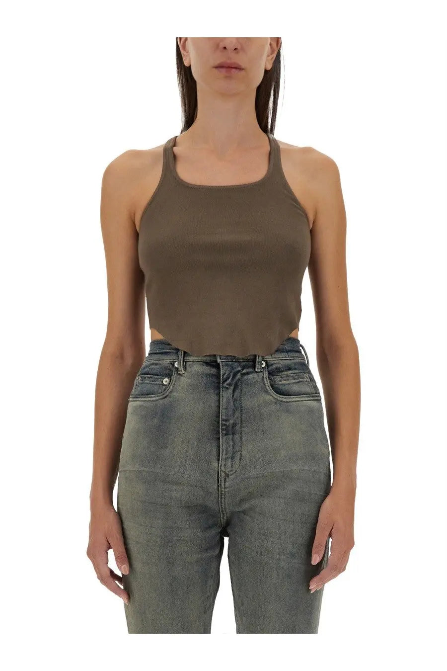 Olive green ribbed crop top by drkshdw womens tank top in beige material with fitted design for casual wear
