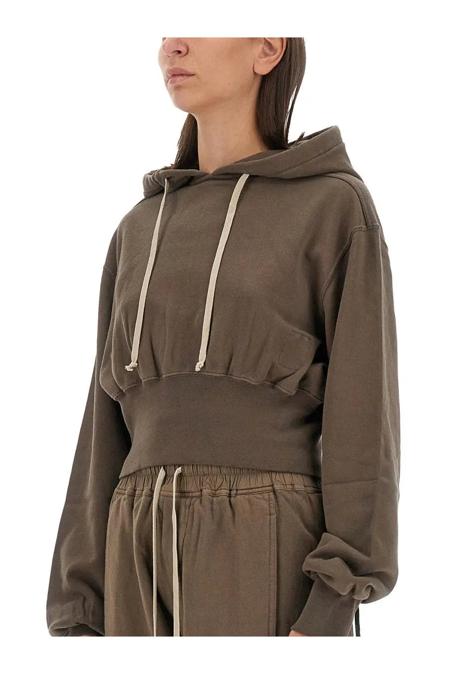 Olive green cropped hoodie with cream drawstrings and ruched detailing from DRKSHDW women’s Tatlin sweatshirt beige collection