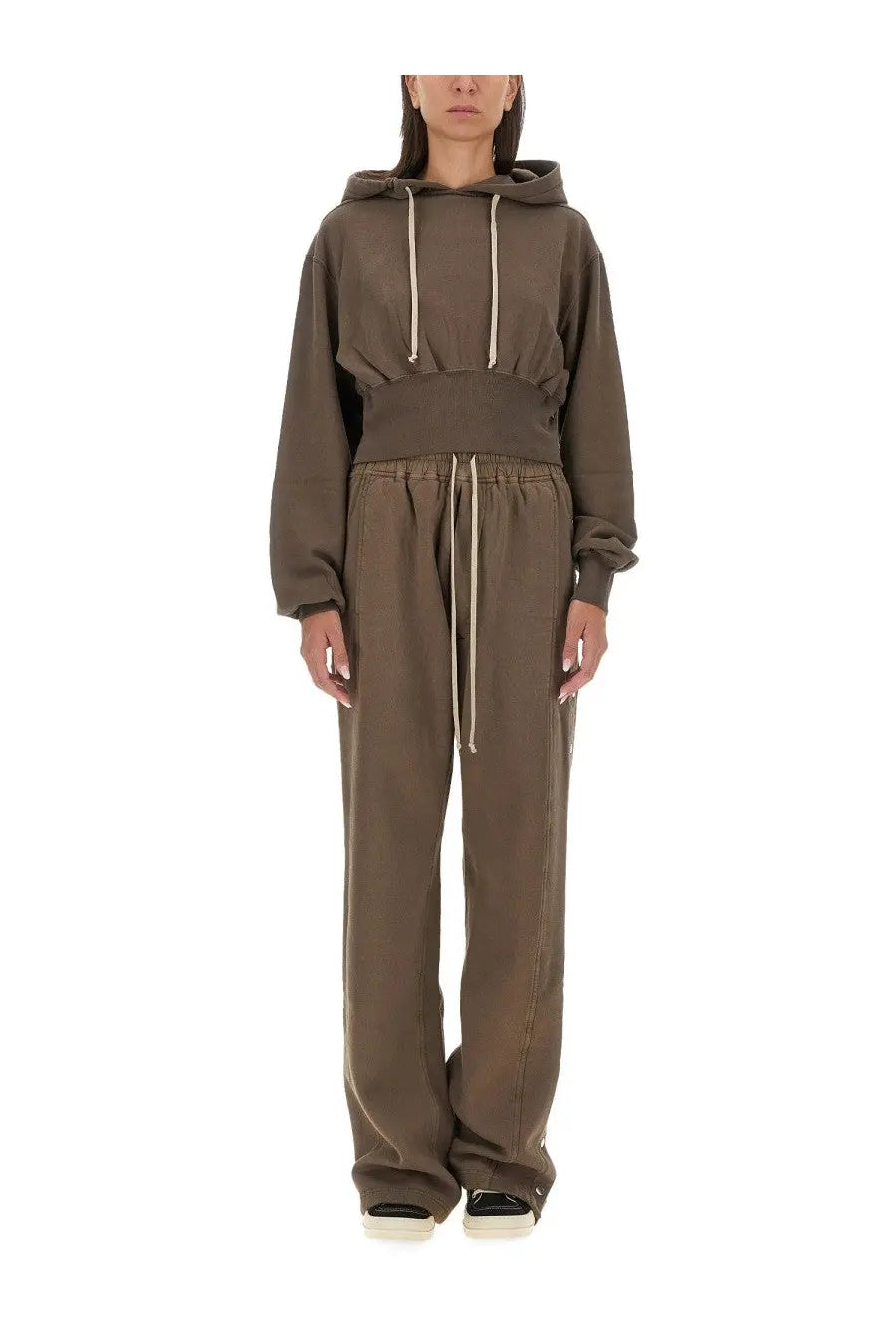Olive green cropped hoodie and wide-leg sweatpants set with cream drawstrings from drkshdw women’s tatlin sweatshirt beige collection