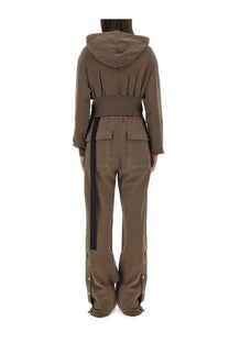Olive green hooded jumpsuit with black side stripe and metallic buttons from drkshdw women’s tatlin sweatshirt beige collection