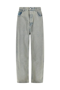 Drôle de Monsieur men’s grey baggy fit jeans in light-wash denim with high-rise wide-leg and faded pocket detailing back view