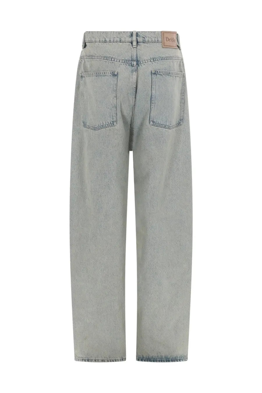Drôle de Monsieur men’s grey light-wash denim baggy fit jeans with relaxed wide-leg cut and brown leather patch