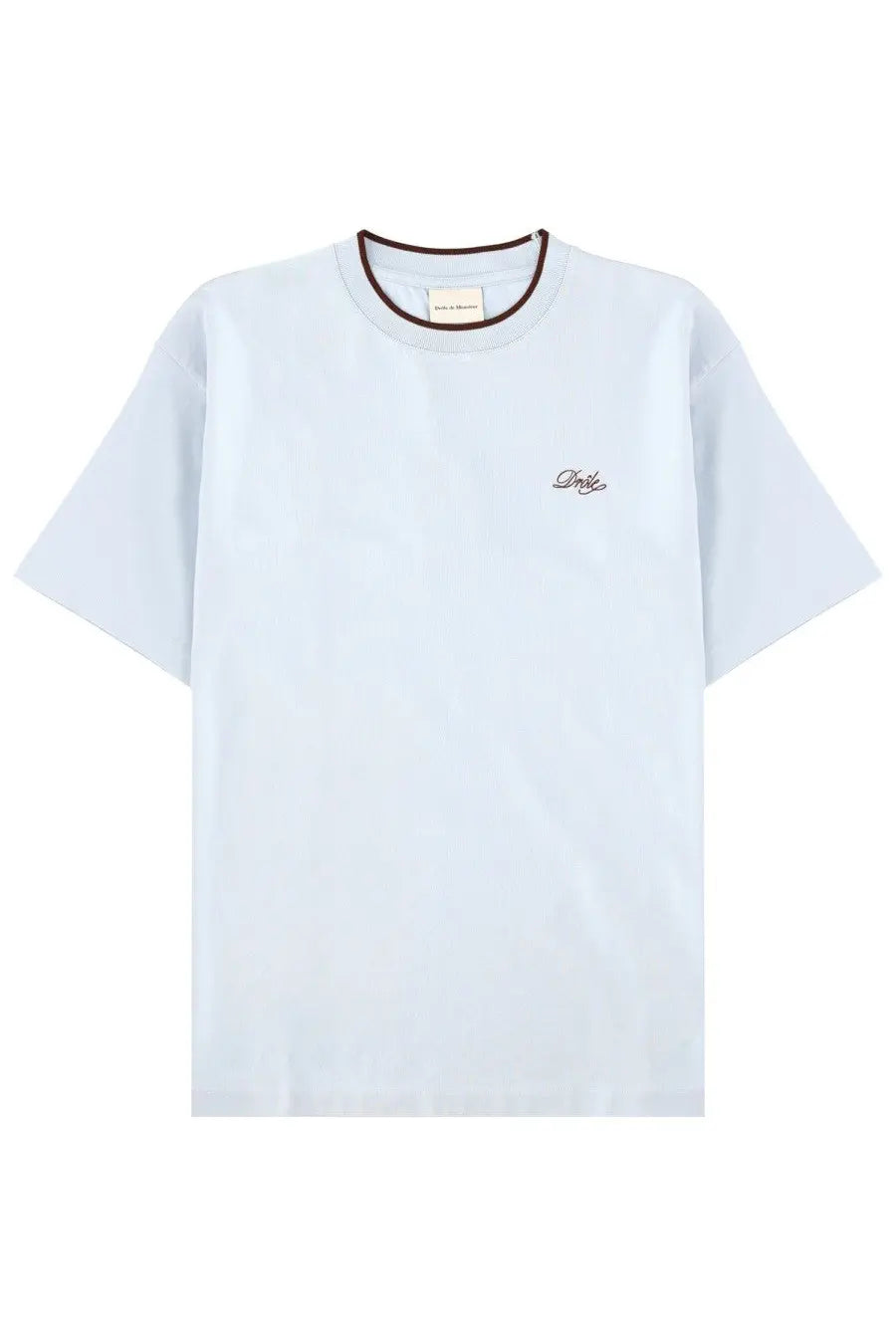 Drôle de monsieur men’s belissima light blue short-sleeved t-shirt with embroidered logo and dark neckline trim
