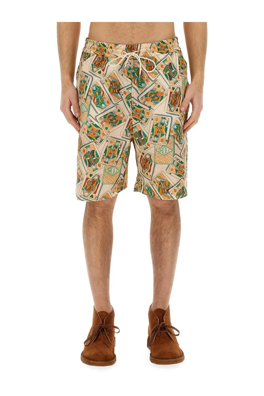 Beige drôle de monsieur men’s bermuda shorts with a vibrant green and orange playing card pattern