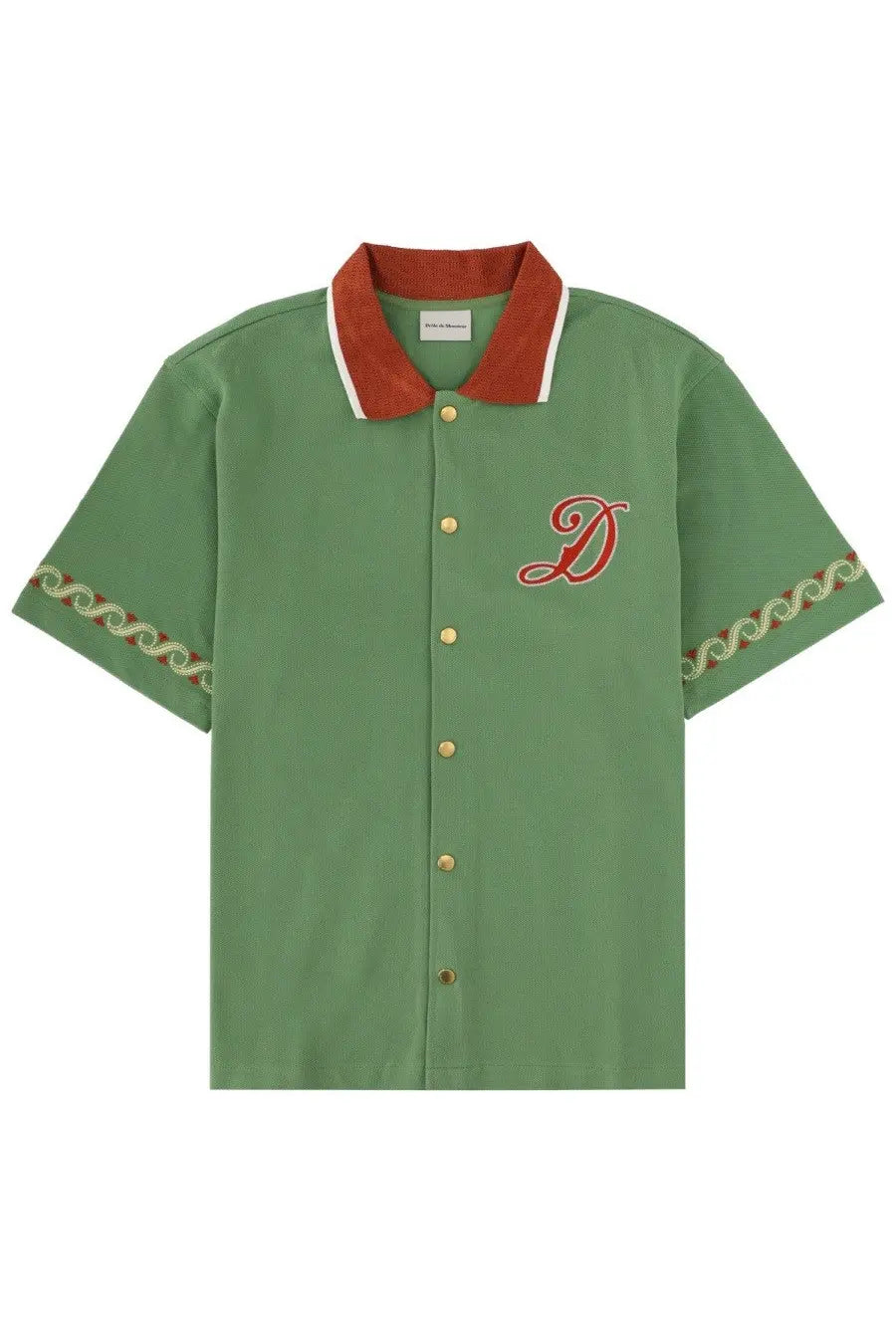 Drôle de Monsieur men’s green short-sleeved polo shirt with red and white collar gold buttons and embroidered red d on chest