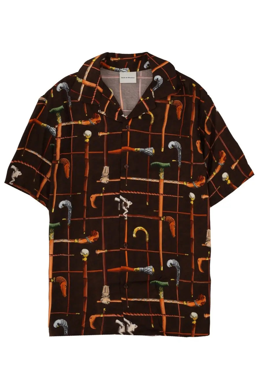 Dark brown short-sleeved button-up shirt with colorful orange green and silver walking cane print by drôle de monsieur